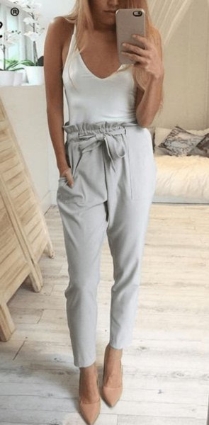 white vest top with elastic waist trousers with gray bow