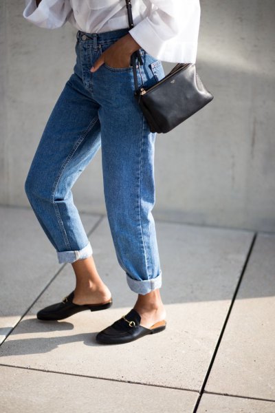 white wide-sleeved blouse with mom jeans and slippers