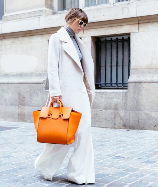 white wool coat with flared trousers