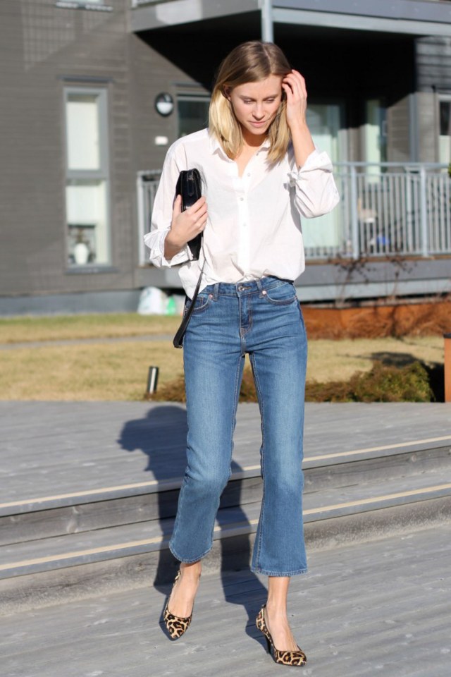 Wide leg capri jeans, white blouse