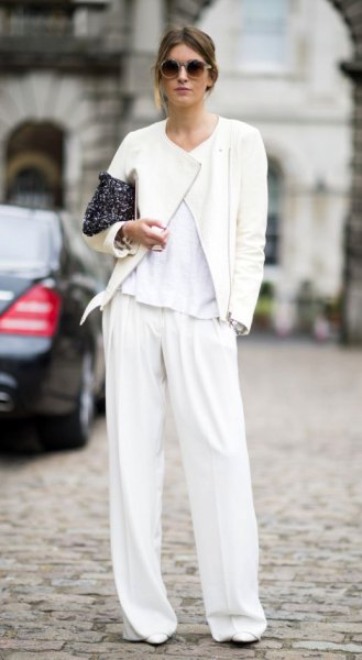 white trouser bomber with wide legs
