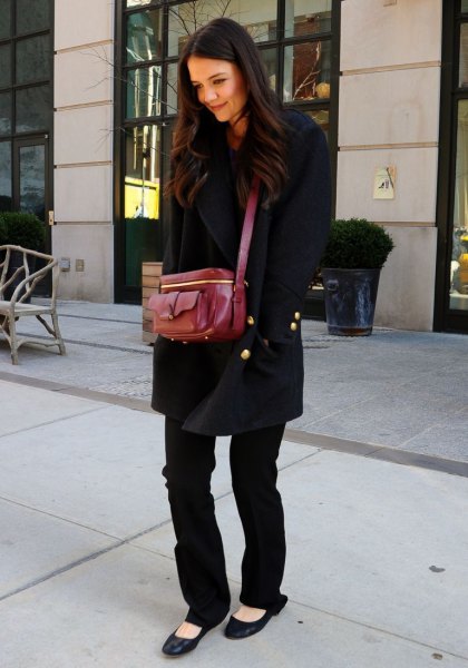 Wool coat with straight leg jeans and black ballerinas
