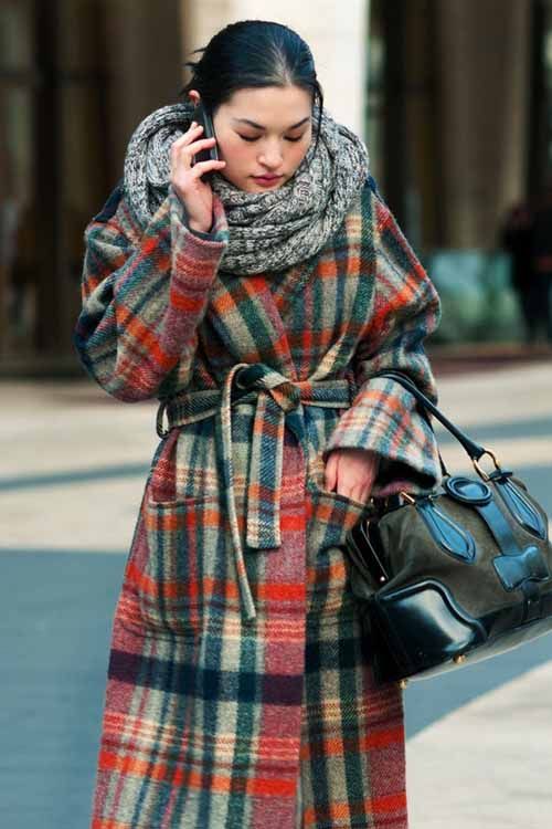 Checkered wool wrap coat