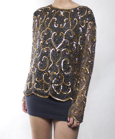 yellow and black embroidered sparkling shirt with mini skirt