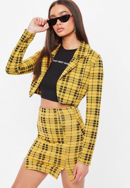 short cut yellow and black checked blazer with matching mini skirt