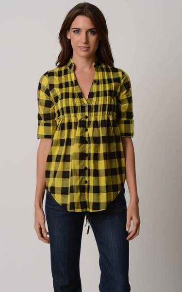 yellow-black checked peplum shirt with dark skinny jeans