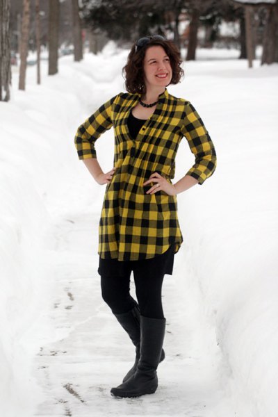 yellow-black checked top with leggings and knee-high boots
