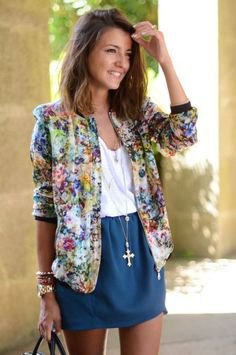 yellow and blue floral bomber jacket and blue mini skirt