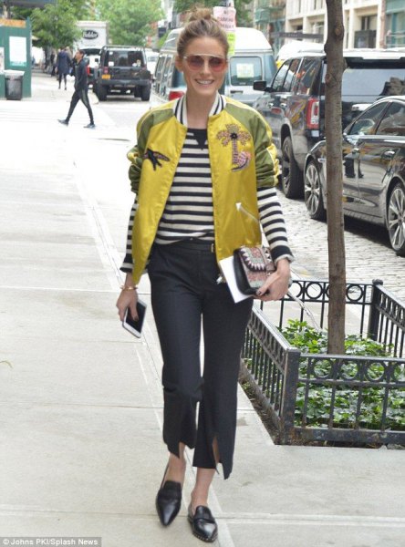 yellow and green bomber jacket with black and white striped long-sleeved T-shirt