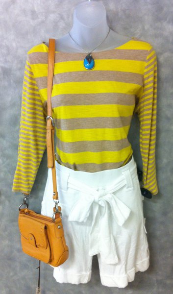 yellow-gray striped long-sleeved T-shirt with white mini-shorts with tie front