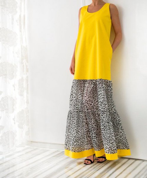Color block maxi tank dress with yellow and leopard print