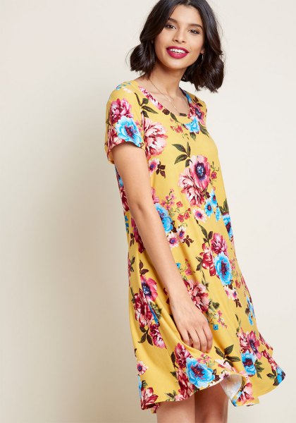 yellow and light blue mini dress with floral pattern