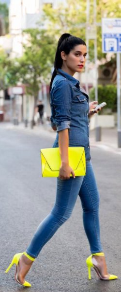 yellow ankle strap heels to match the leather clutch