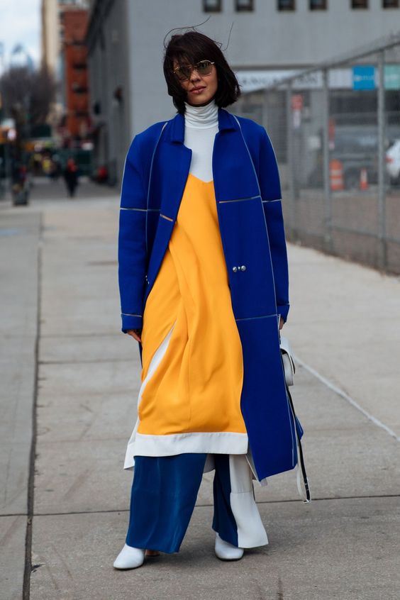 yellow-blue outfit coat