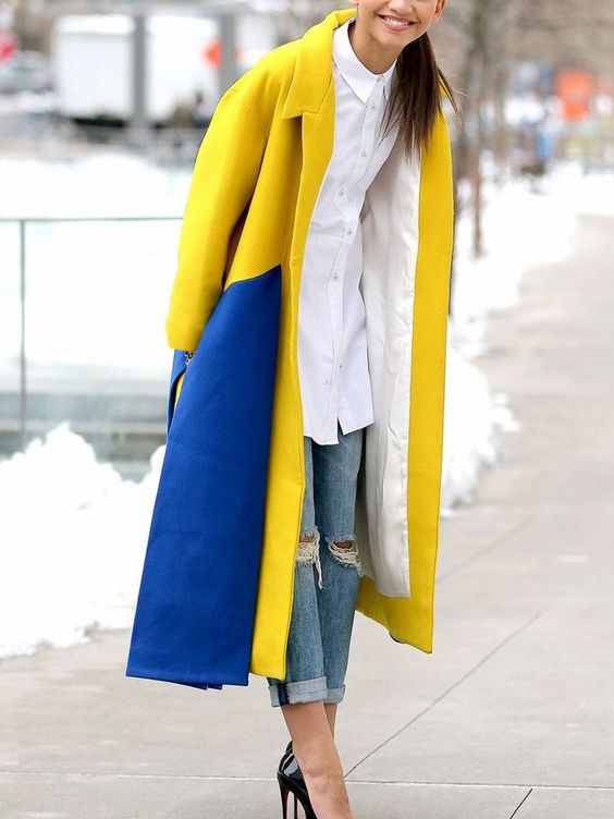 yellow-blue outfit two-tone coat