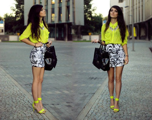 yellow chiffon shirt with buttons and black and white printed mini skirt
