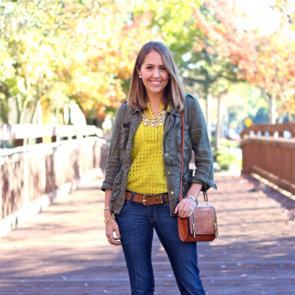 yellow neckline shirt with gray chambray shirt and dark jeans