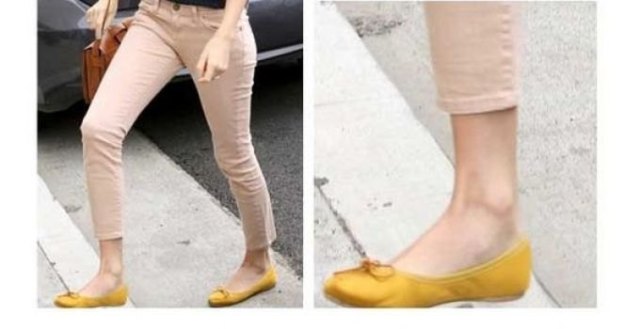 yellow flats cropped beige drainpipe trousers