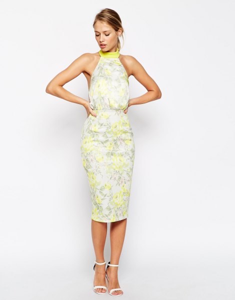 Summer dress with yellow flower halter and midi dress