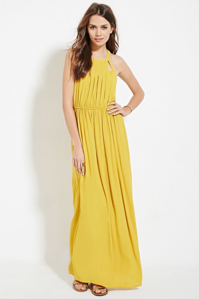 yellow, fitted, pleated maxi dress