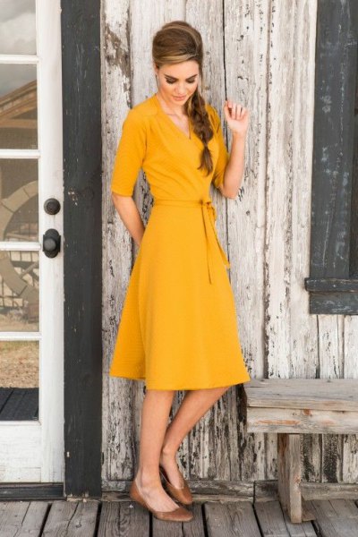 yellow midi wrap dress with half sleeves