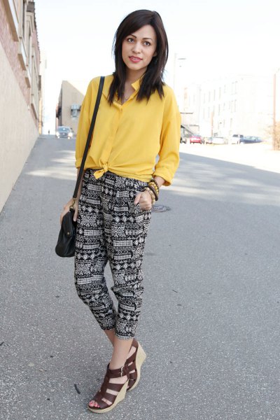 yellow knotted shirt printed pants