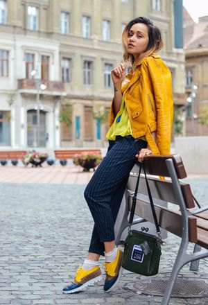yellow leather jacket with matching sneakers