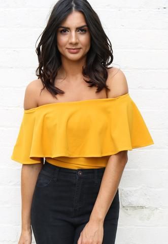 Sleeveless Off The Shoulder Frill Top Bodysuit in Mustard Yellow .