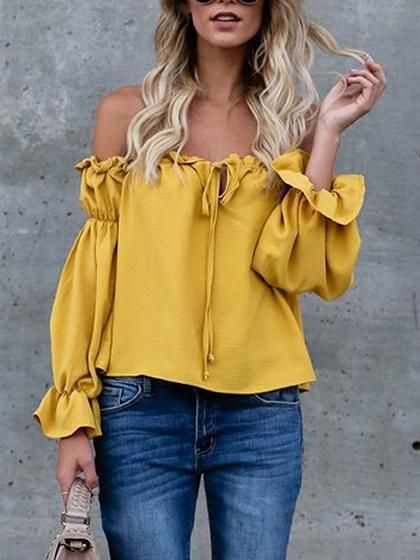 Yellow Off Shoulder Bow Tie Front Long Sleeve Blouse | Moda .