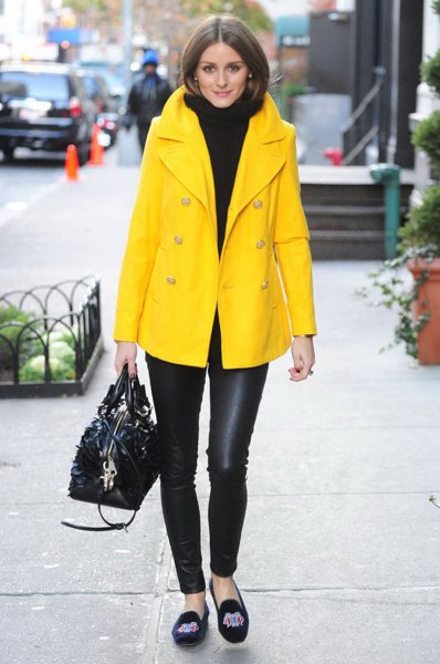 yellow oversized blazer coat with black turtleneck sweater