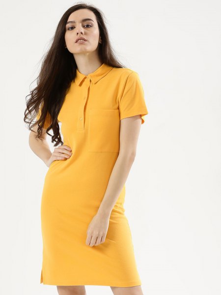 yellow polo shirt dress with white sneakers