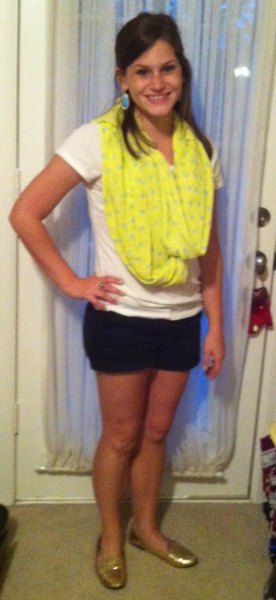yellow printed summer scarf with white T-shirt and black mini-shorts