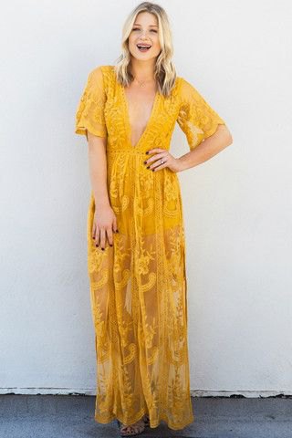 yellow short-sleeved long dress with deep V-neck