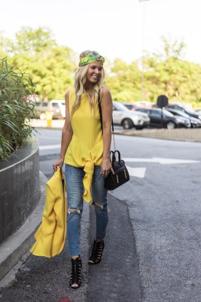 yellow sleeveless knotted top with matching blazer