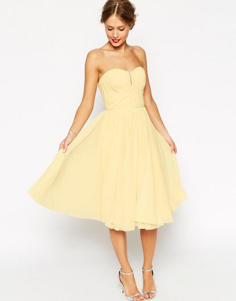 yellow strapless sweetheart fit and flare midi dress