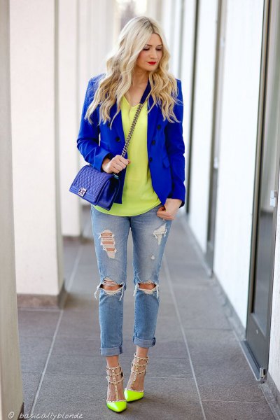 Yellow trimmed royal blue blazer with rivets