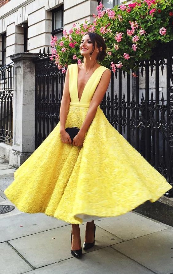 yellow tea-length dress