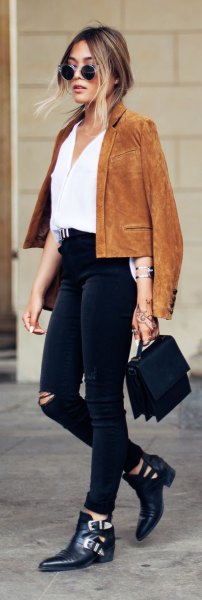 yellowish brown suede jacket white blouse