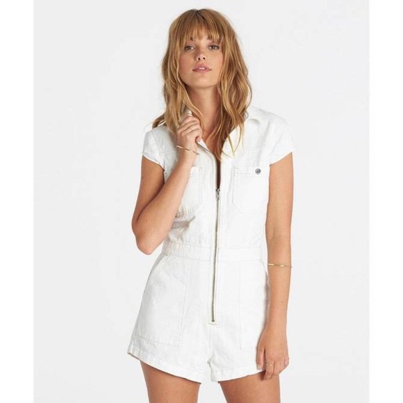 Zip front white jeans romper