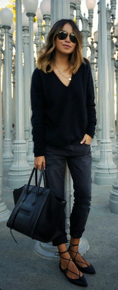 Black V Neck Sweater Outfit Ideas