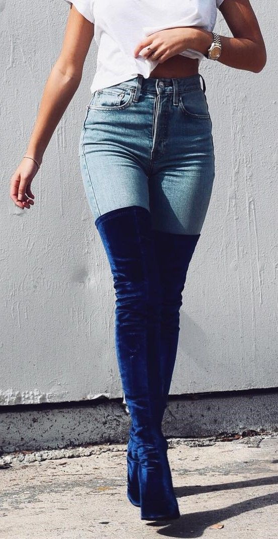 Blue Thigh High Boots Outfit Ideas