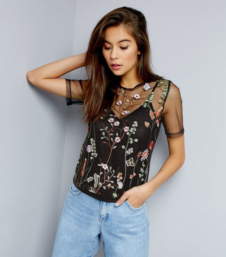 Embroidered Mesh Top Outfits