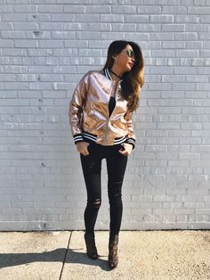 Gold Bomber Jacket Outfit Ideas