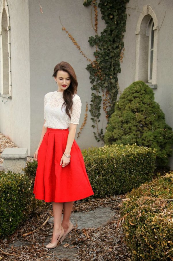 How To Wear Red Flare Skirt